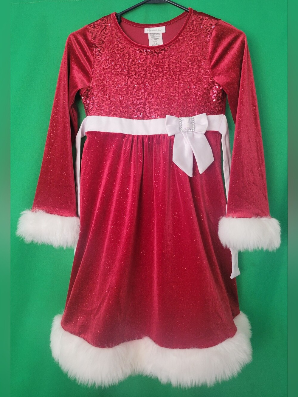 Bonnie Jean Red Velvet Holiday Dress White Faux Fur Trim Girl Sz 12 17175 10/12